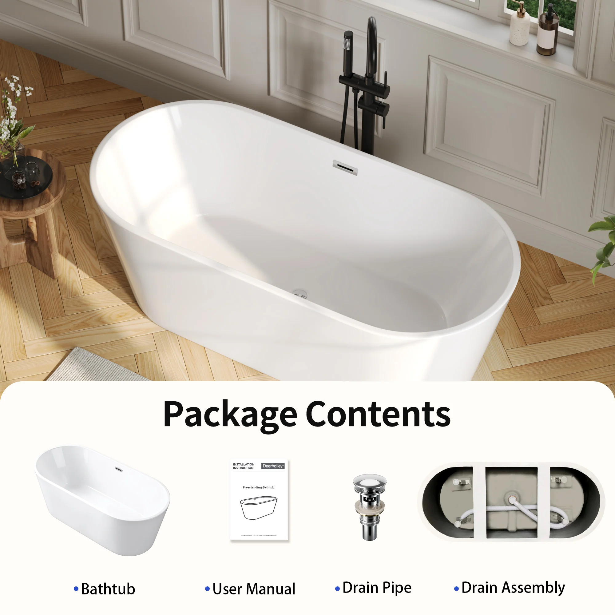 DeerValley DV-1T131S 59"Acrylic Freestanding Bathtub, Deep Soaking Tub with Center Drain & Integrated Overflow, Modern White Standalone Shower Tub Ergonomic Design - Image 13