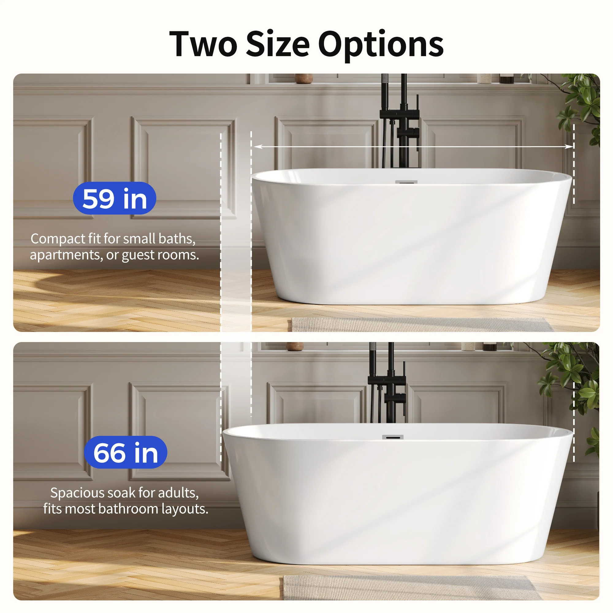 DeerValley DV-1T131S 59"Acrylic Freestanding Bathtub, Deep Soaking Tub with Center Drain & Integrated Overflow, Modern White Standalone Shower Tub Ergonomic Design - Image 15