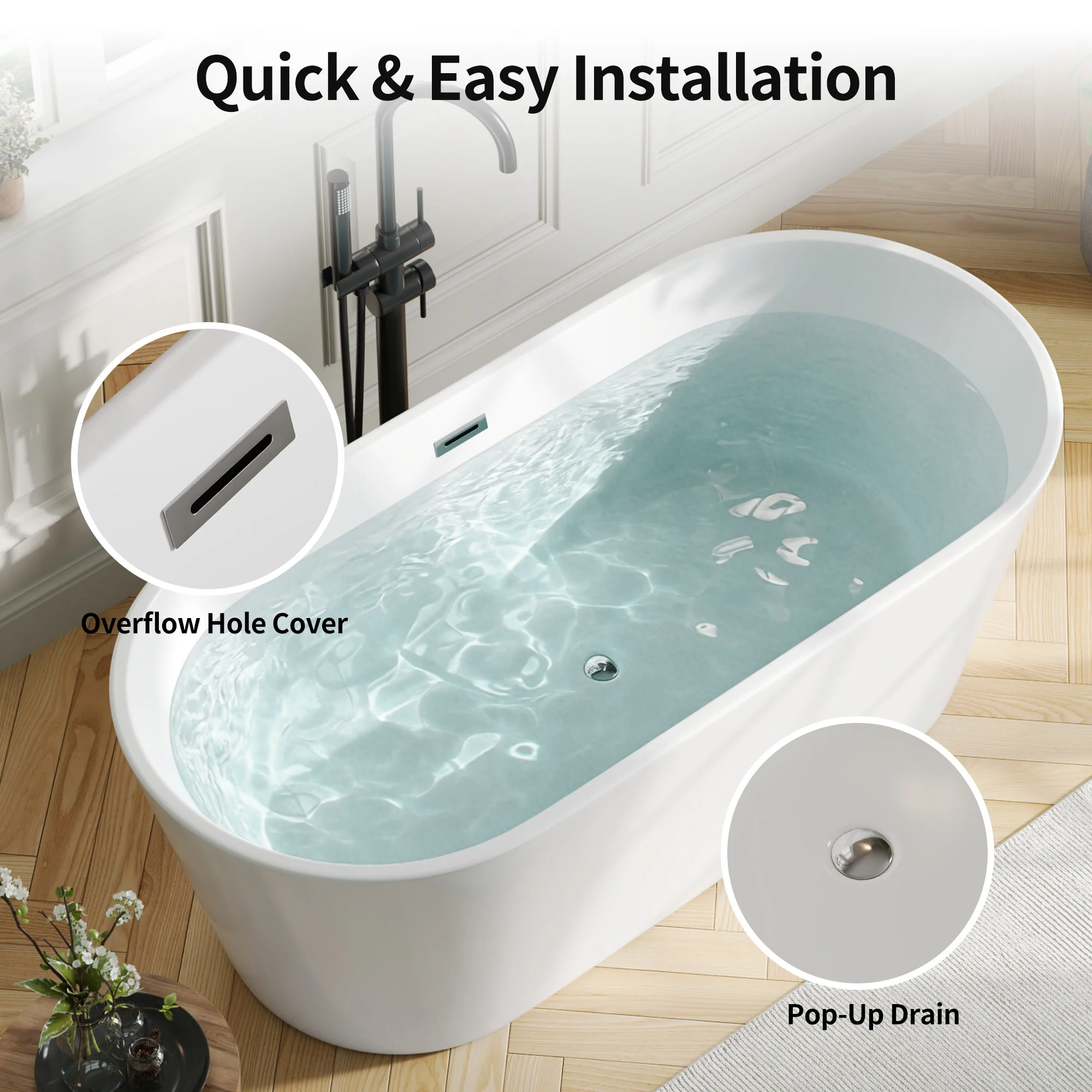DeerValley DV-1T133S 67"Acrylic Freestanding Bathtub, Deep Soaking Tub with Center Drain & Integrated Overflow, Modern White Standalone Shower Tub Ergonomic Design - Image 17