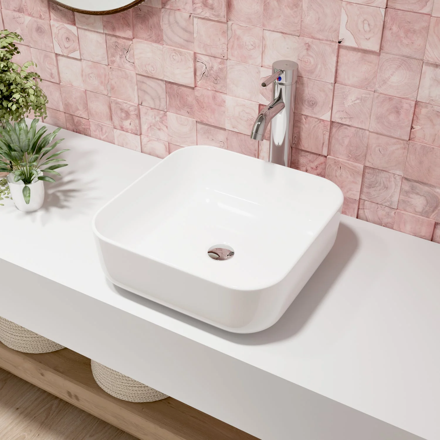 ACE 15" Square Vessel Bathroom Sink, Without Overflow - Image 4