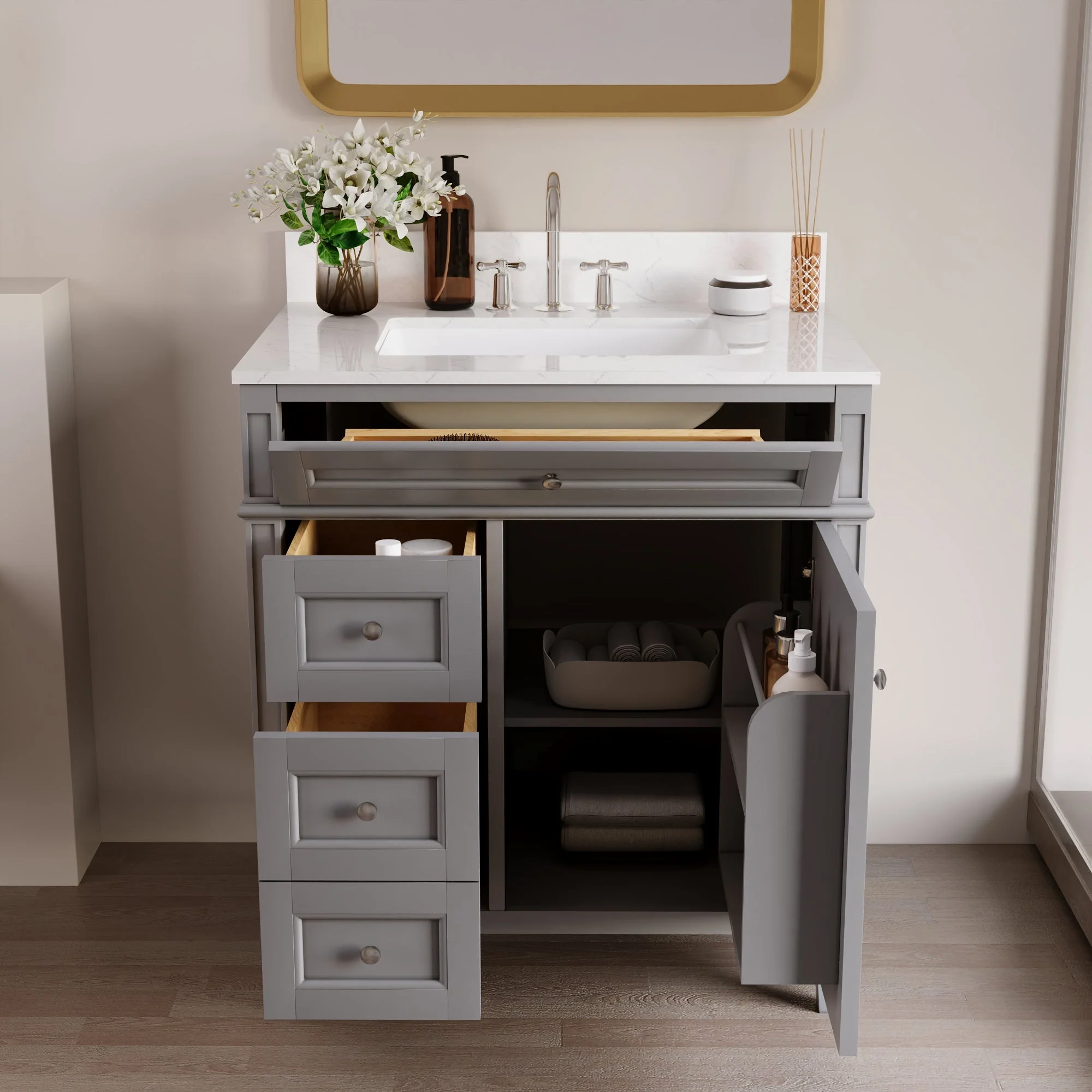 DeerValley 30 Inch Bathroom Vanity with Sink and Backsplash, Pre-Assembled Modern Bath Cabinet with Storage, Soft Close Doors, White / Light Gray - Image 14