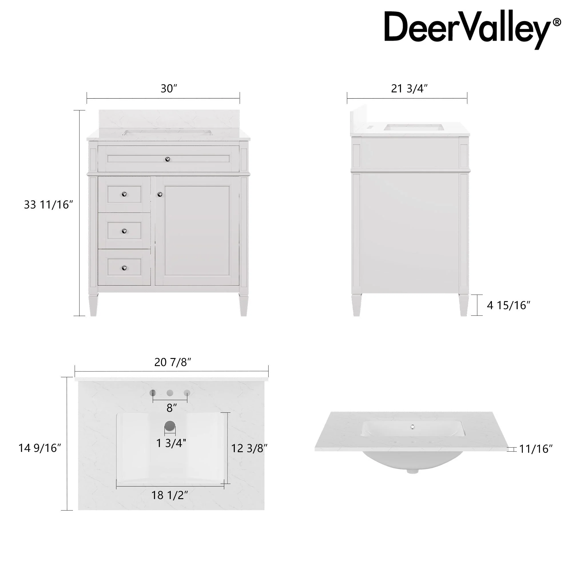 DeerValley 30 Inch Bathroom Vanity with Sink and Backsplash, Pre-Assembled Modern Bath Cabinet with Storage, Soft Close Doors, White / Light Gray - Image 5