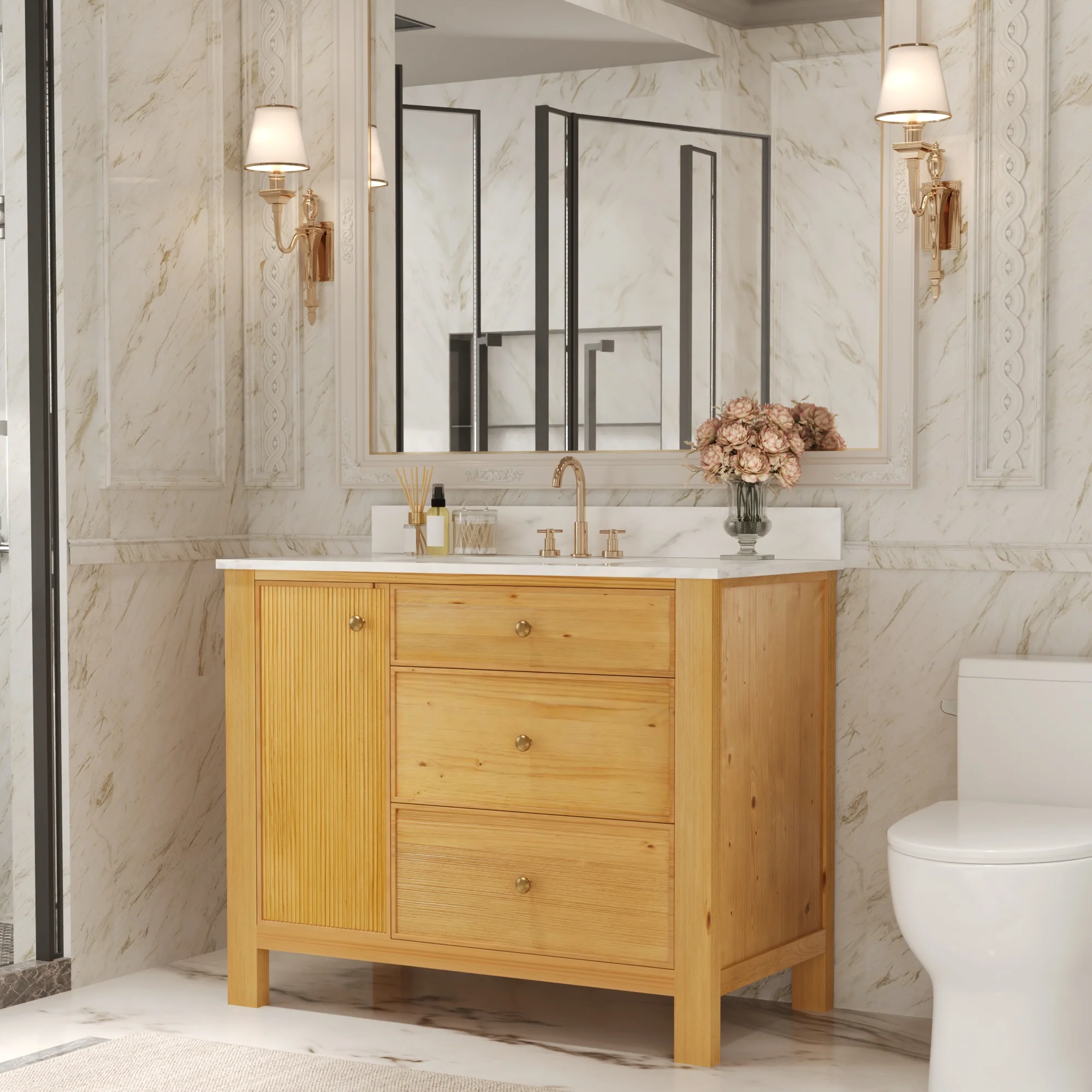 DeerValley DV-1BV0451NW/VG 42" Fully Assembled Single Bathroom Vanity with Artificial Marble Top, Natural Wood