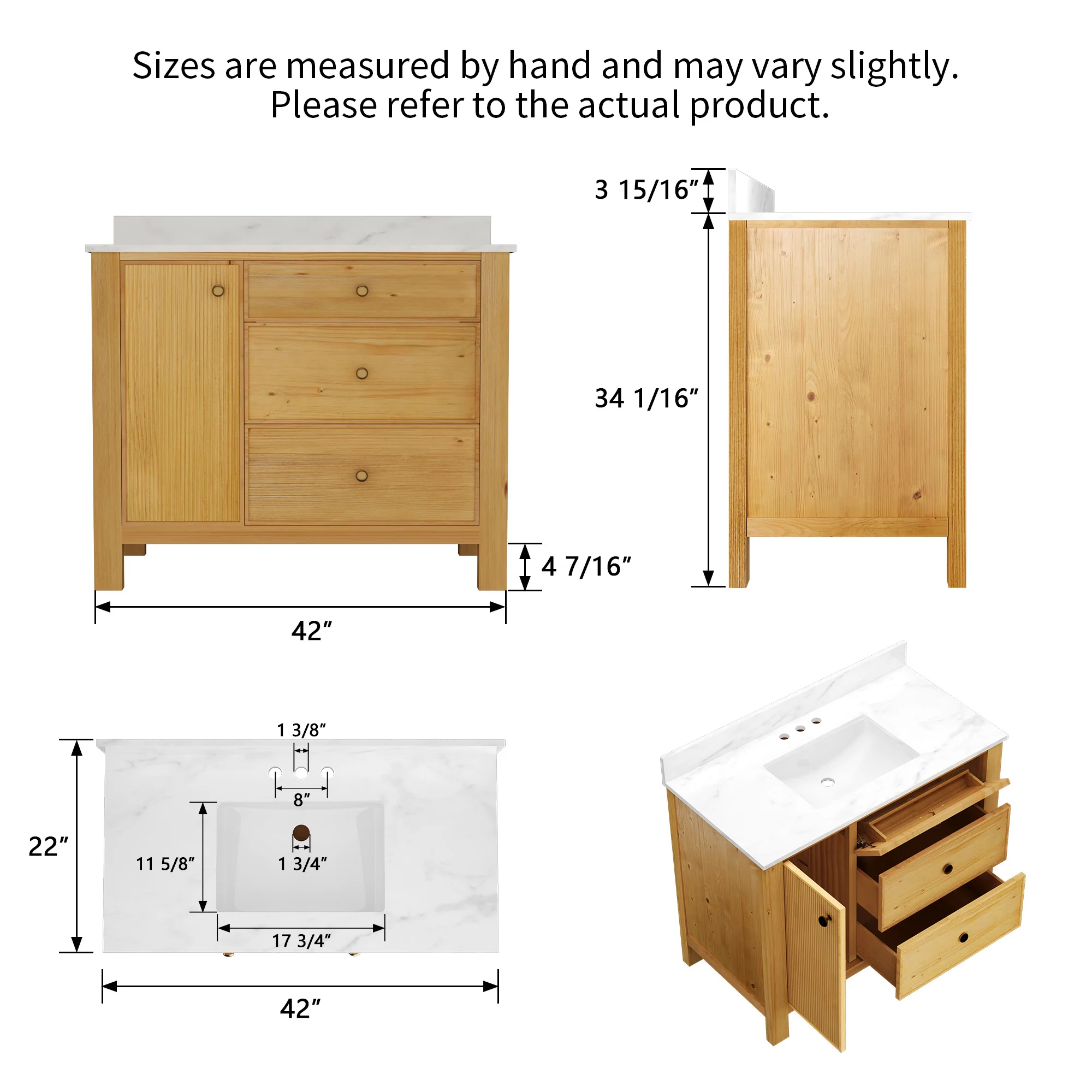 DeerValley DV-1BV0451NW/VG 42" Fully Assembled Single Bathroom Vanity with Artificial Marble Top, Natural Wood - Image 15