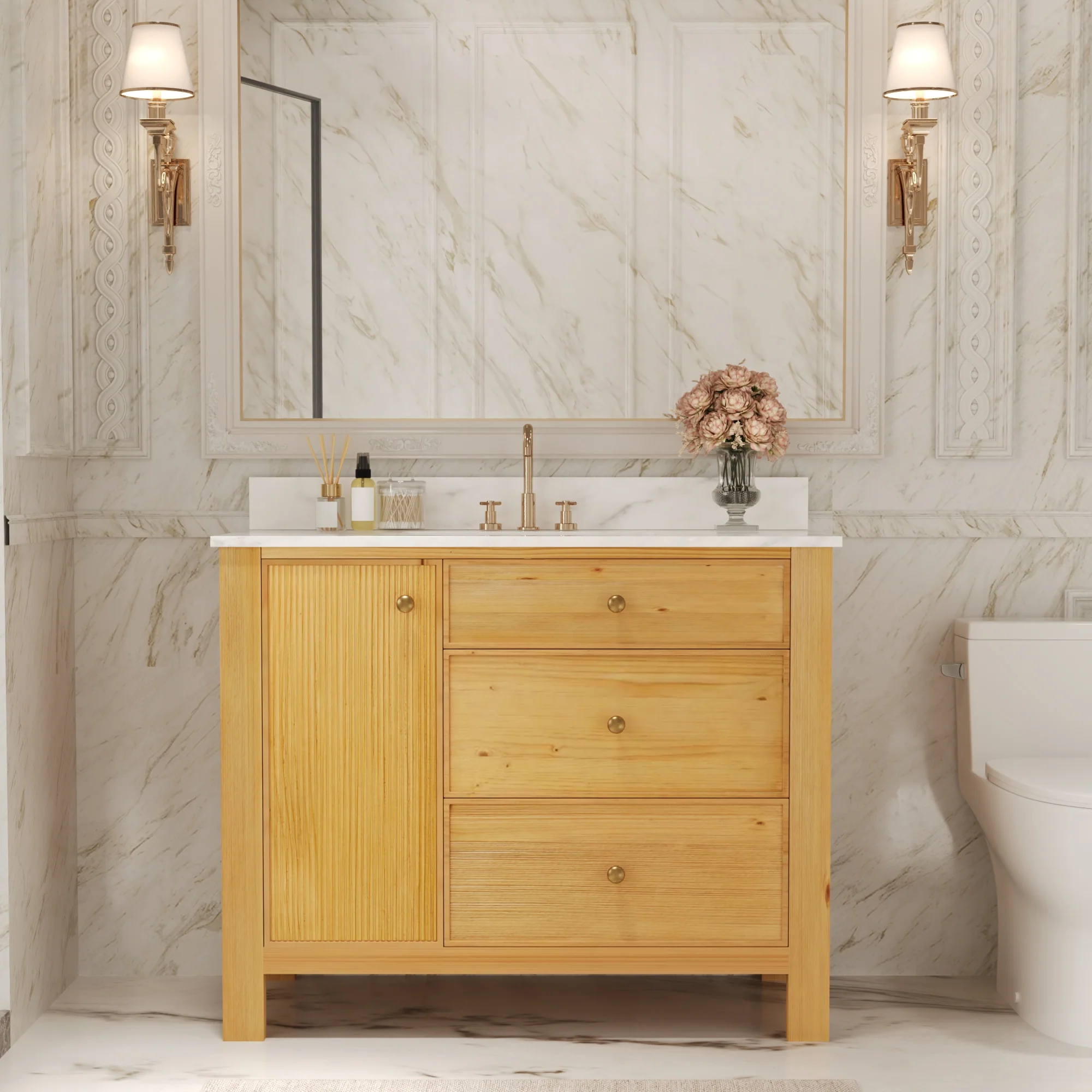 DeerValley DV-1BV0451NW/VG 42" Fully Assembled Single Bathroom Vanity with Artificial Marble Top, Natural Wood - Image 2