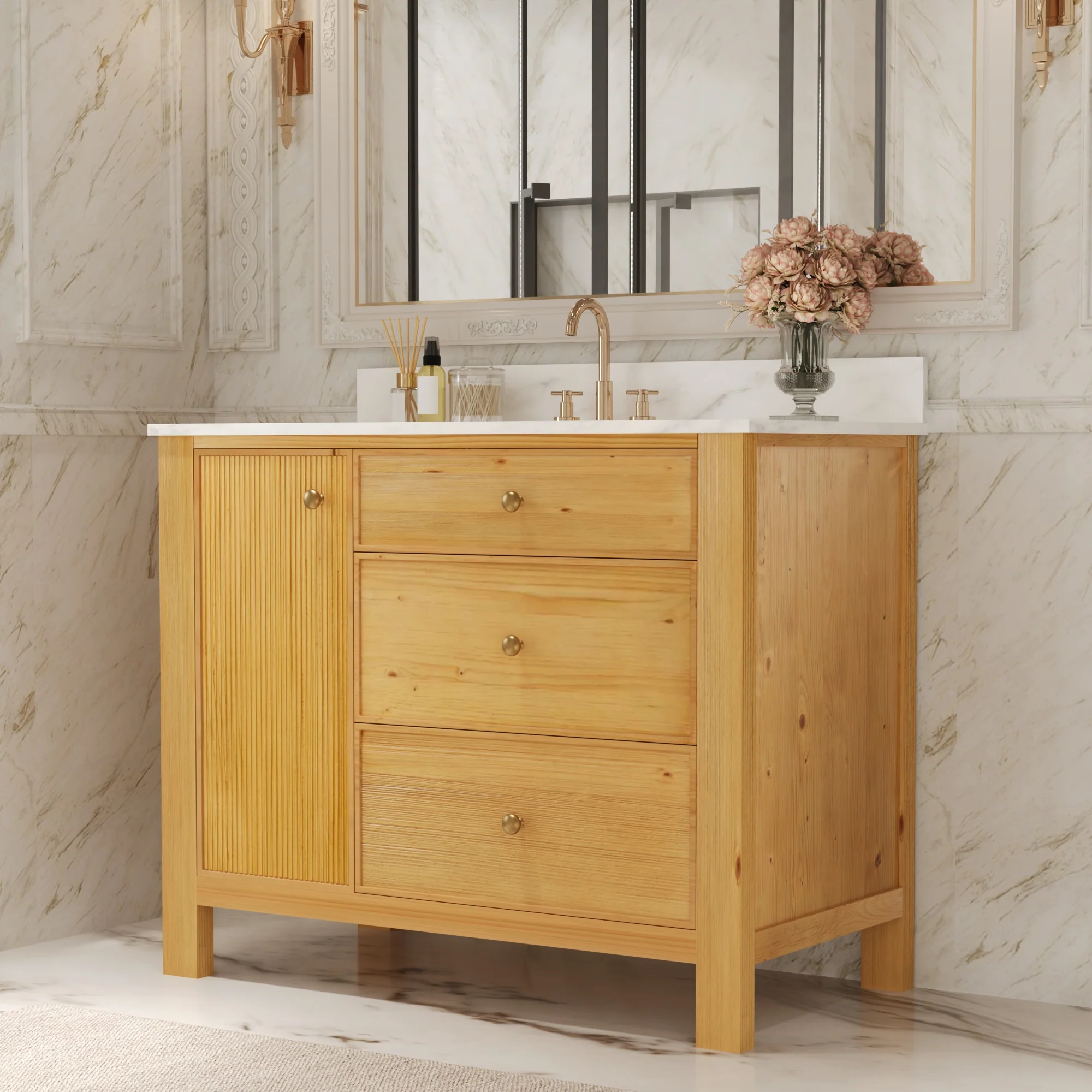 DeerValley DV-1BV0451NW/VG 42" Fully Assembled Single Bathroom Vanity with Artificial Marble Top, Natural Wood - Image 3