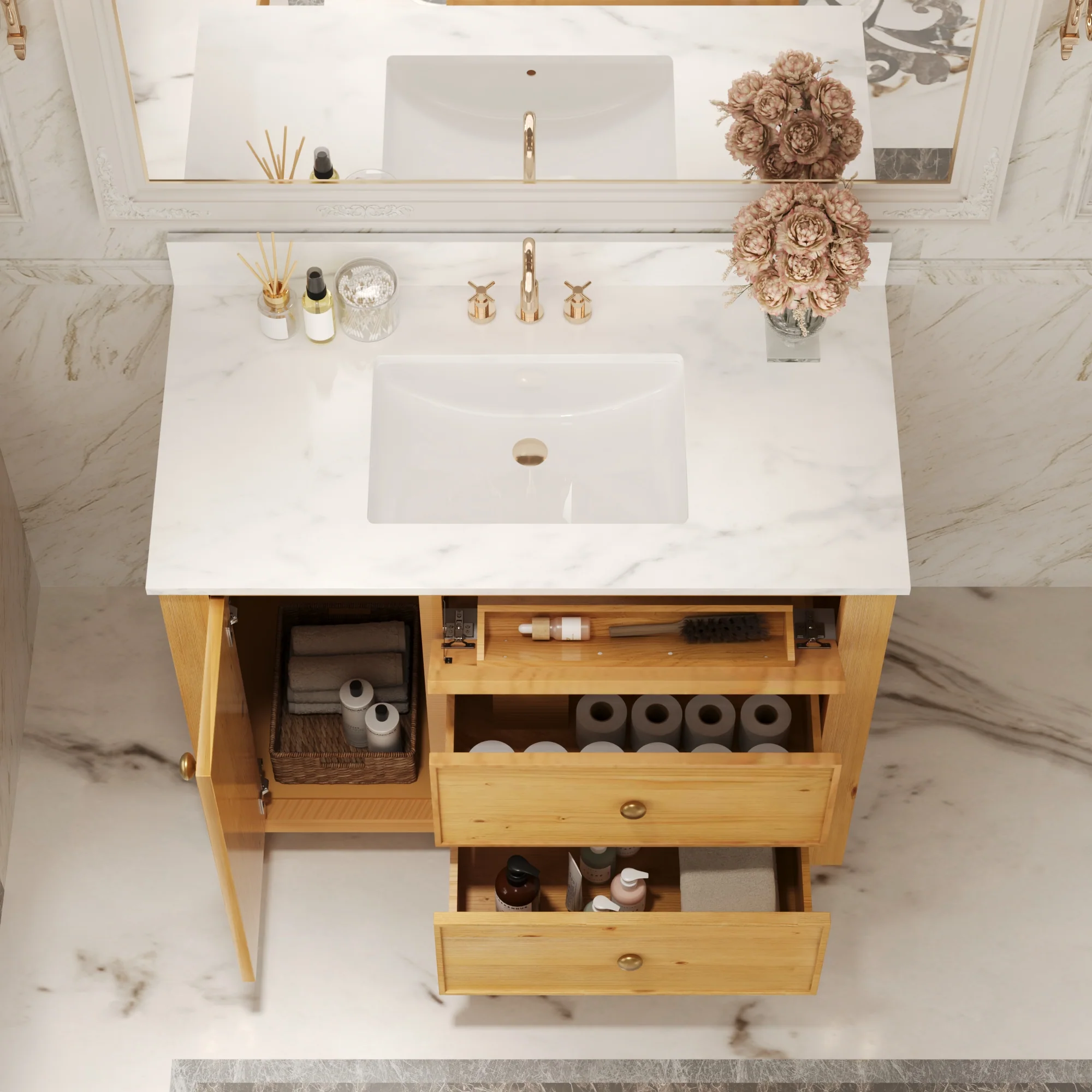 DeerValley DV-1BV0451NW/VG 42" Fully Assembled Single Bathroom Vanity with Artificial Marble Top, Natural Wood - Image 4